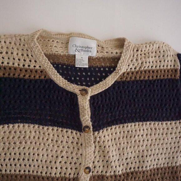Vintage Christopher & Banks Navy Taupe Cotton Blend Button Cardigan Sweater M - Picture 9 of 9